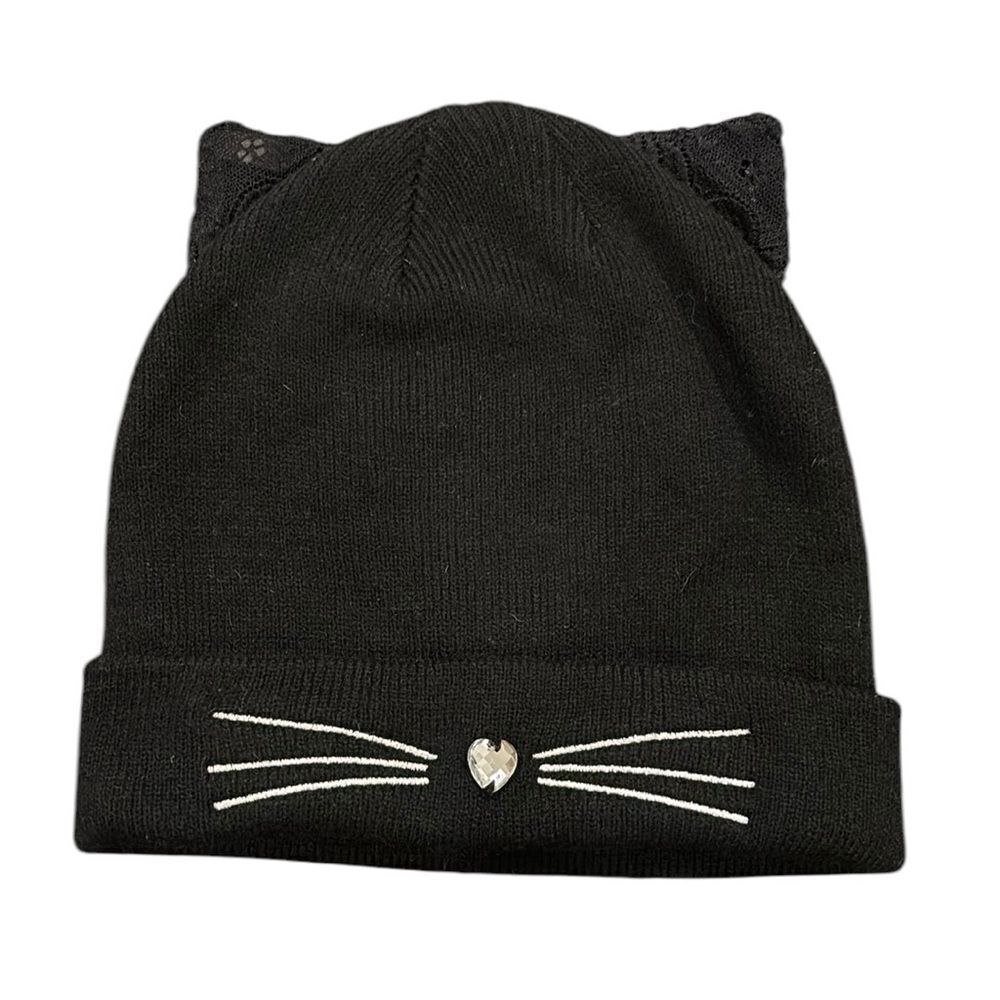 Betsey Johnson Black Cat Whiskers Rhinestone Lace Ears Beanie Hat One Size